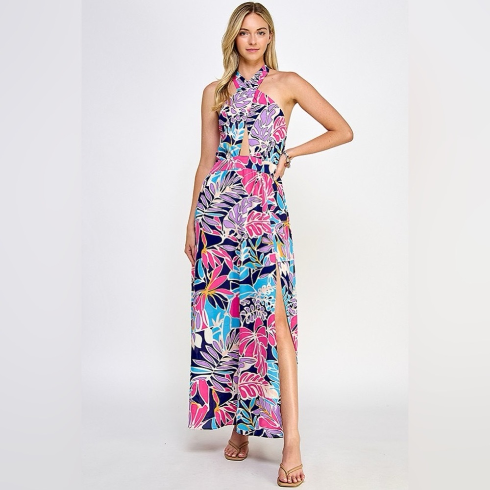 Bright Abstract Floral Halter Maxi Dress